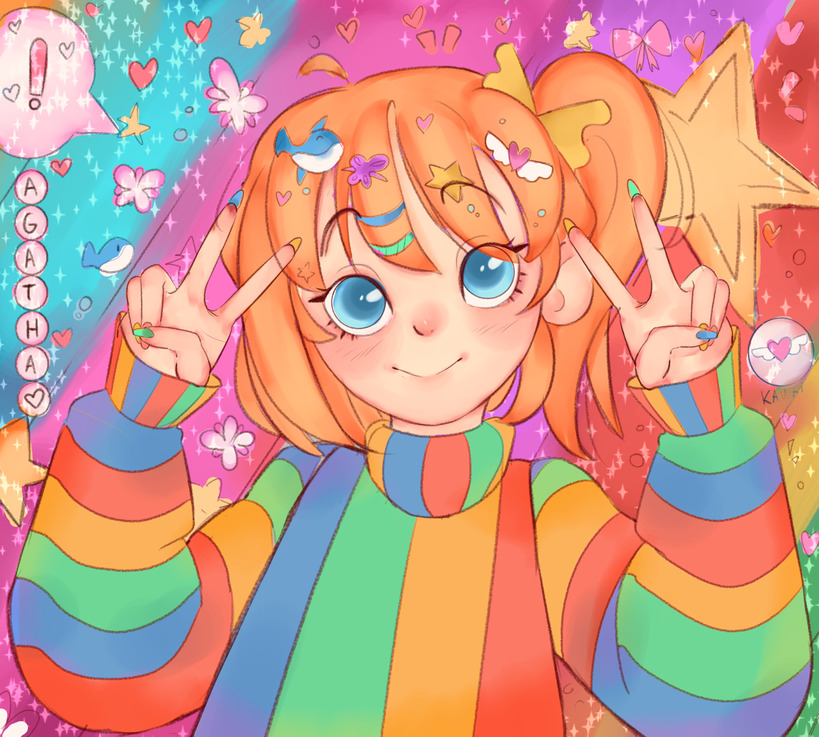 A drawing of a young girl wearing a large, rainbow colored, sweater, with a short blonde hair styled in a sidetail, smiling and making a 'double V' with her hands, there are a lot of colorful details and accessories around her
